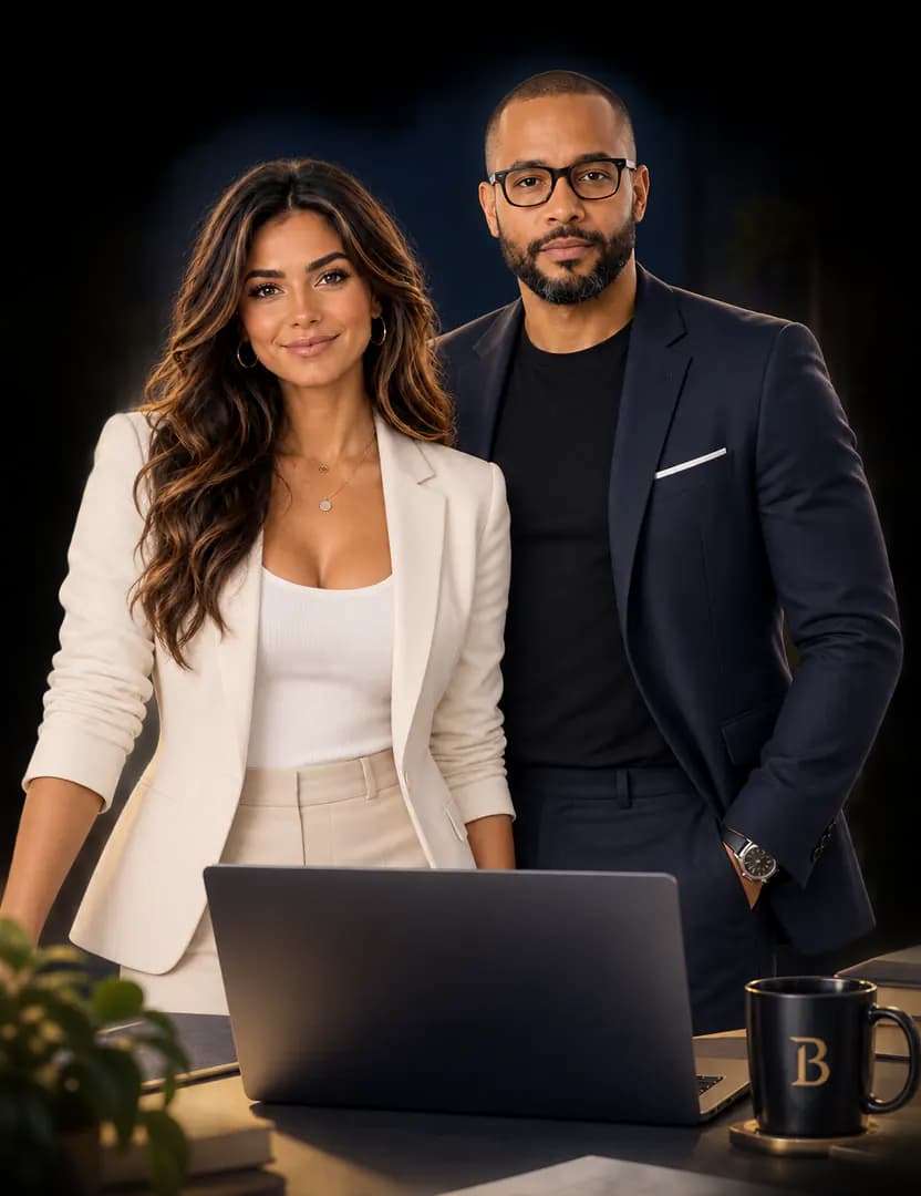 Laura and Alex, the Business Nerds brand characters, standing together behind a laptop at a desk.