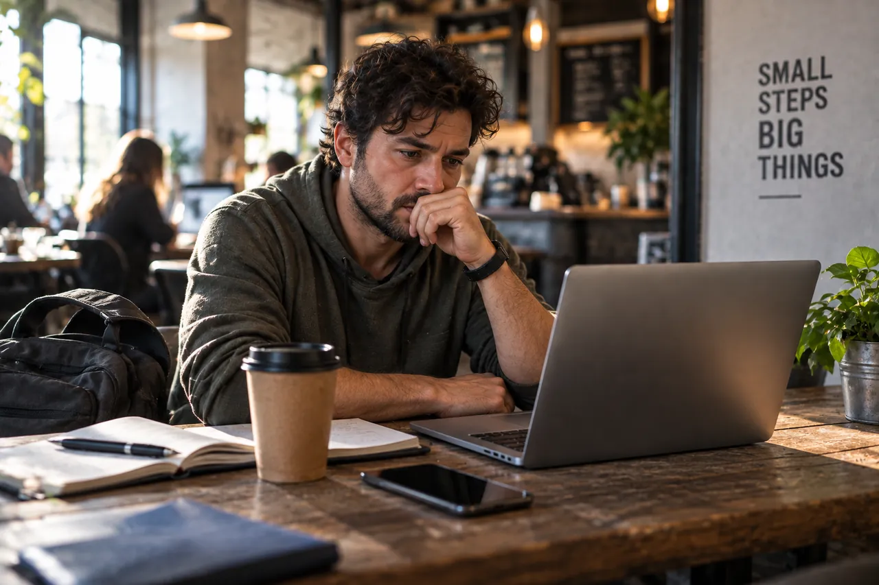 A man working on his laptop at a café table with a notebook open beside him, under a wall sign reading “Small steps big things”.