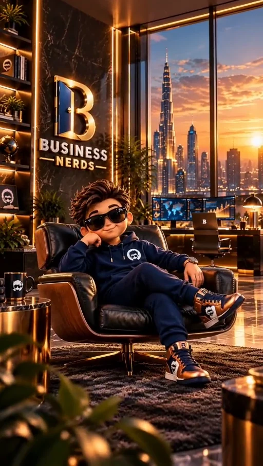 The Business Nerds headquarters at sunset: through the gold doors of the building and up to Nerdy, sitting back in a leather chair with the brand wall behind him and the city below.