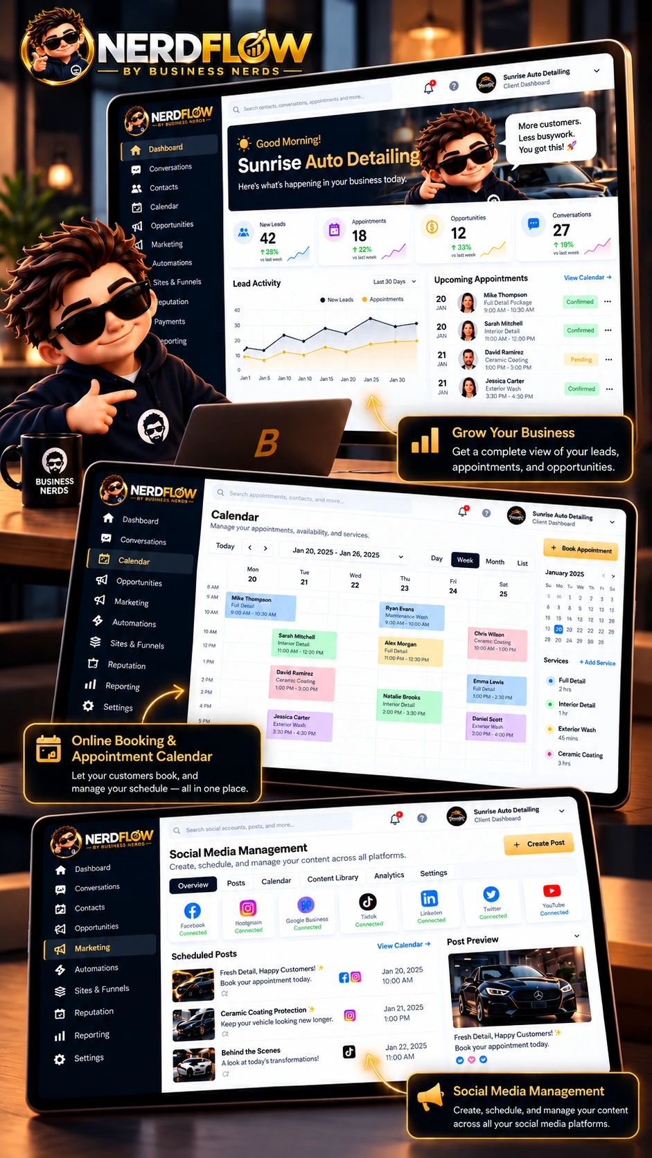 Nerdy beside three NerdFlow screens: a business dashboard, a week of booked appointments on the calendar with the bookable services listed beside it, and the social media desk scheduling posts across connected accounts.